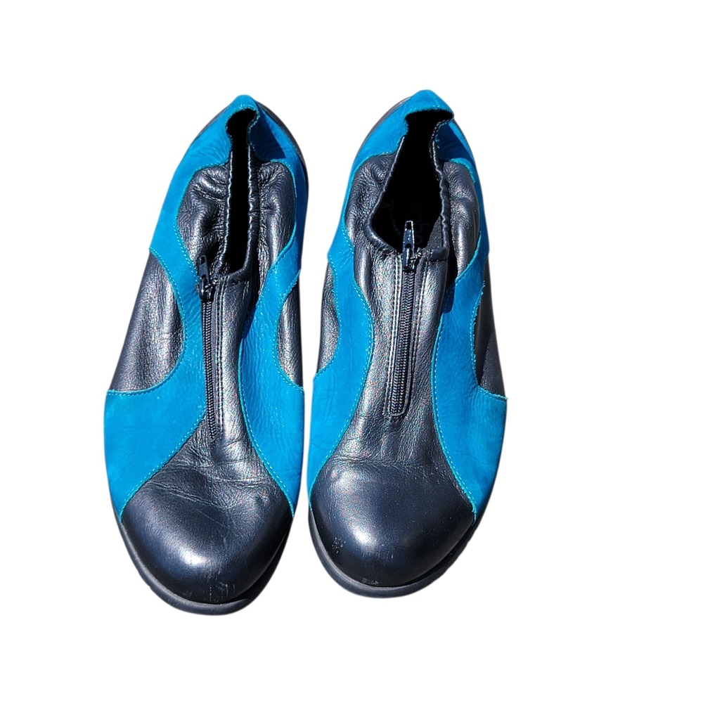 Arche France Black Turquoise Leather Suede Front Zip Flats Shoes Womens 10 FR 41